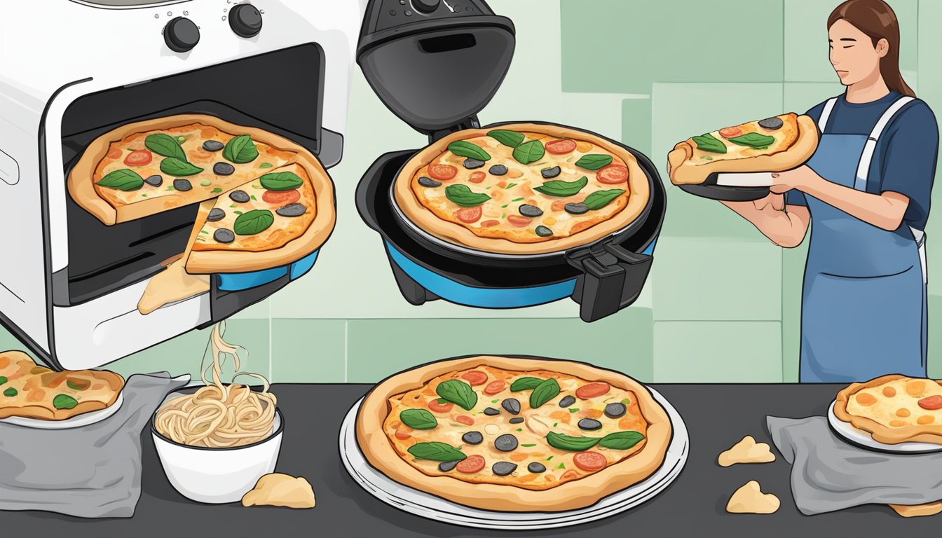 A slice of chicken alfredo pizza being placed in an air fryer, followed by the air fryer being set and the pizza being reheated