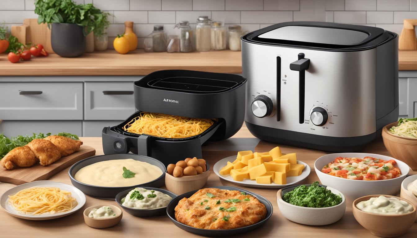 A sizzling air fryer sits on a kitchen counter, surrounded by ingredients like chicken, alfredo sauce, cheese, and pizza dough