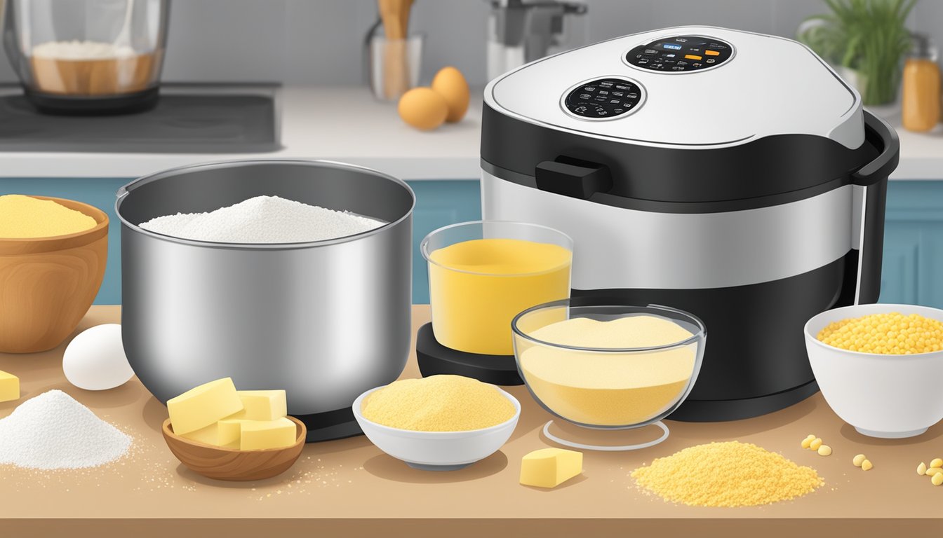 A mixing bowl filled with cornmeal, flour, eggs, milk, and butter, surrounded by an air fryer and measuring cups