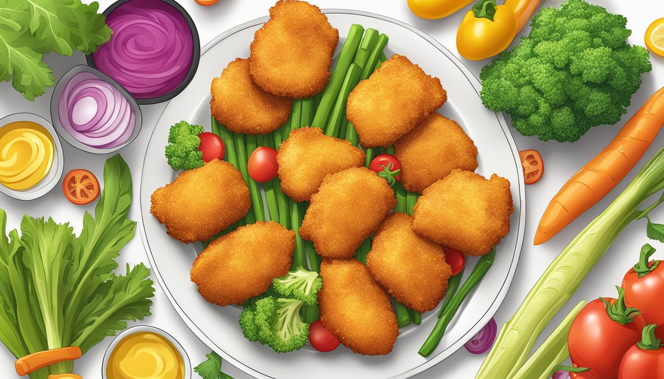 Golden air fryer chicken nuggets surrounded by colorful vegetables on a white plate