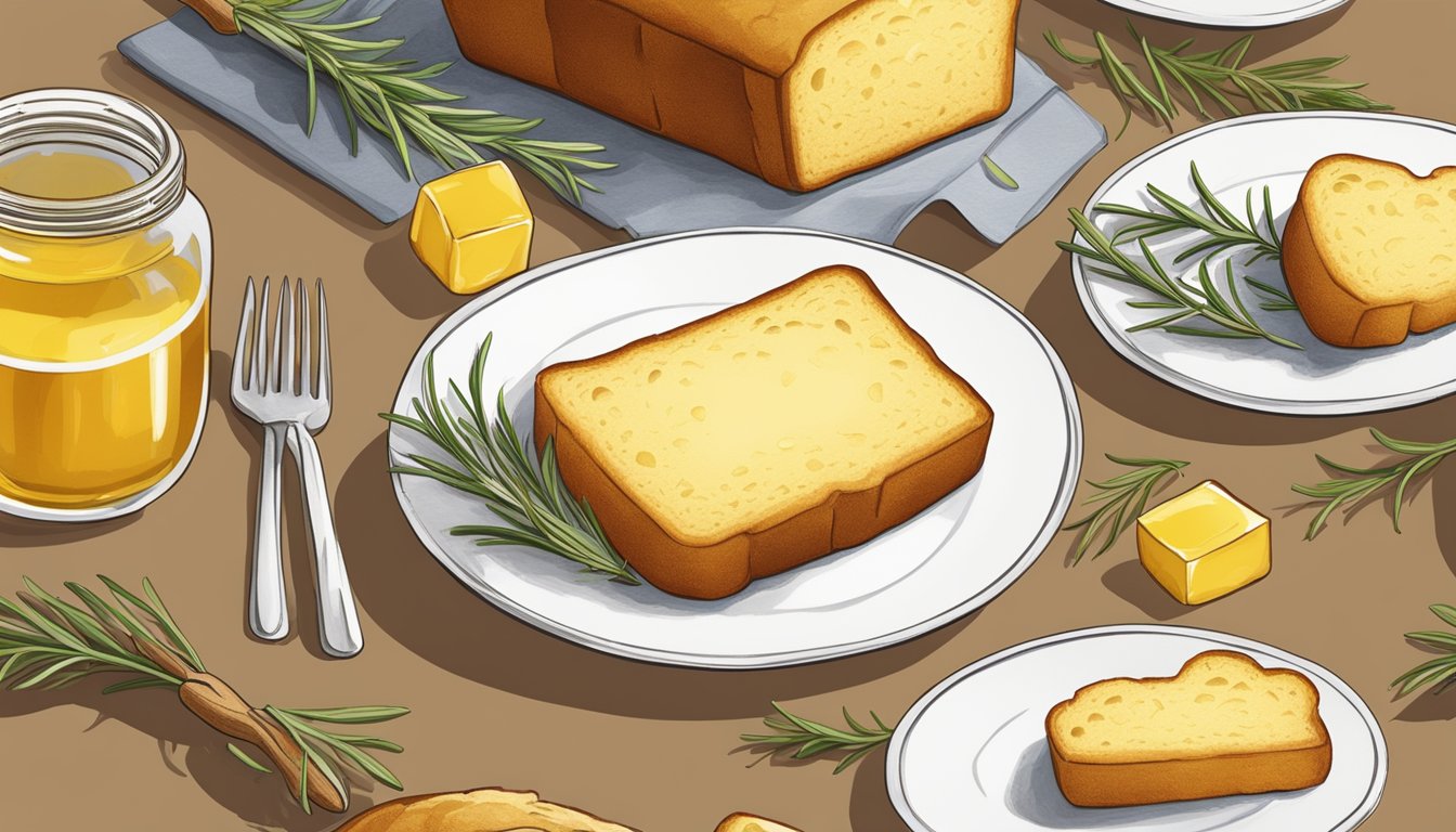 A table set with a golden-brown loaf of cornbread, surrounded by a pat of butter, a jar of honey, and a sprig of fresh rosemary