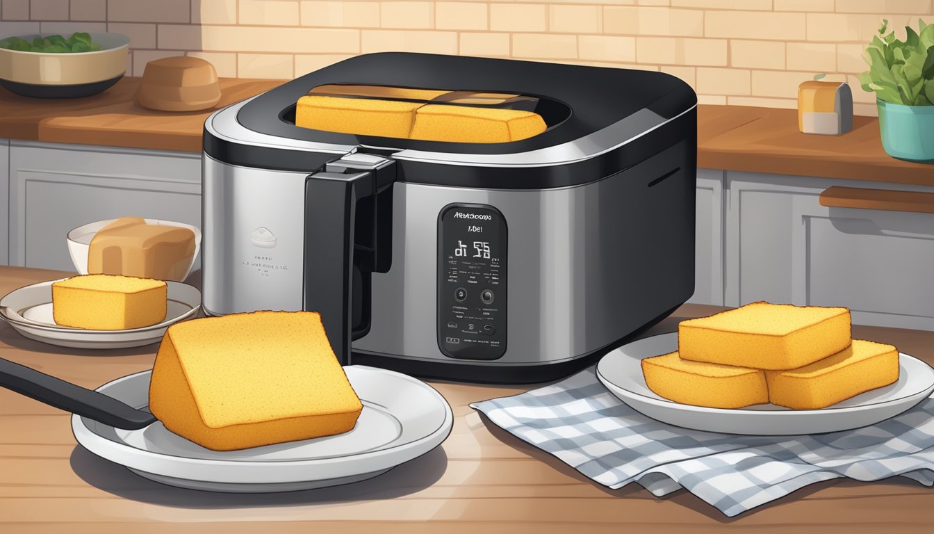 A kitchen counter with a plate of freshly baked cornbread next to an air fryer, with a microwave and storage containers nearby