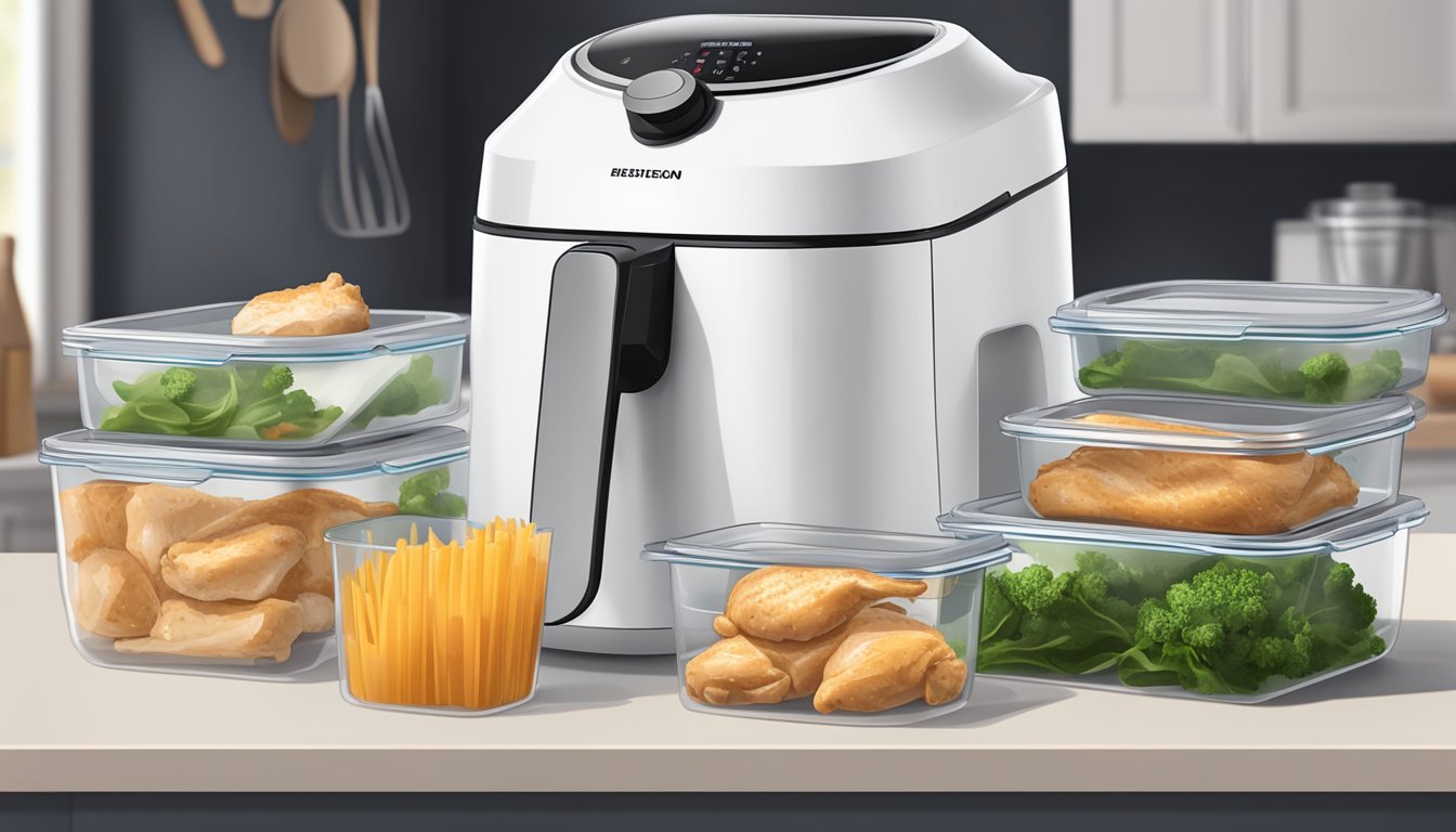 A kitchen counter with a properly sealed air fryer containing cooked chicken breast, alongside neatly organized storage containers for leftovers