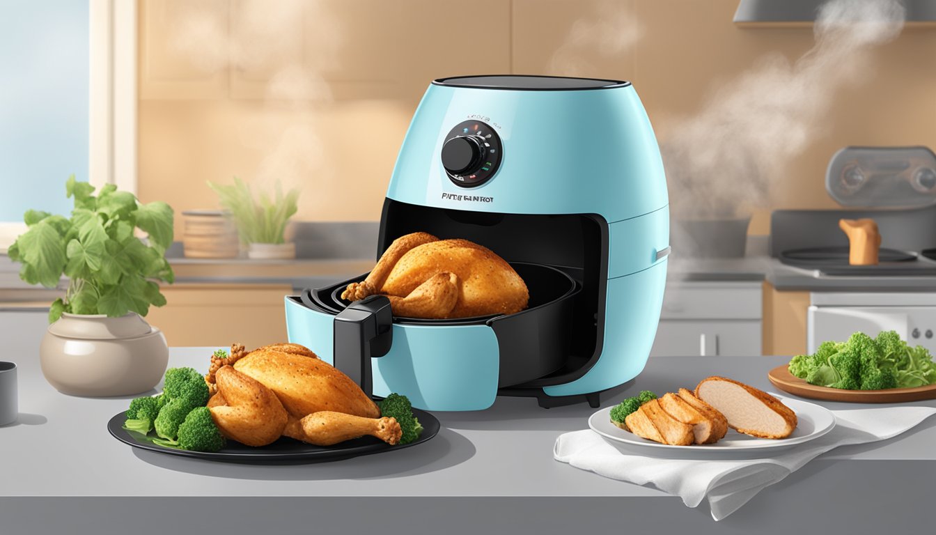 A chicken breast placed in an air fryer, with smoke rising from the appliance as it cooks