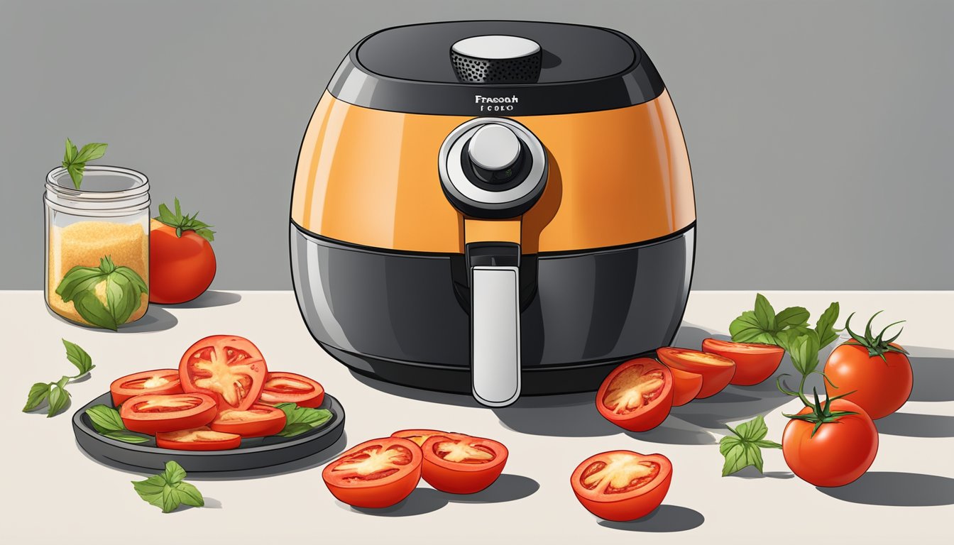 Fresh tomatoes being sliced, coated in parmesan, and placed in an air fryer