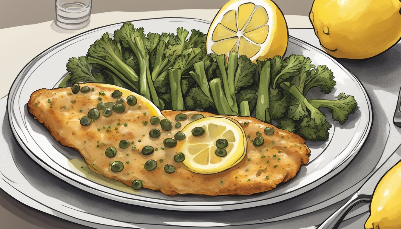 A golden-brown chicken piccata sits on a white plate, garnished with lemon slices and capers, next to a side of steamed vegetables