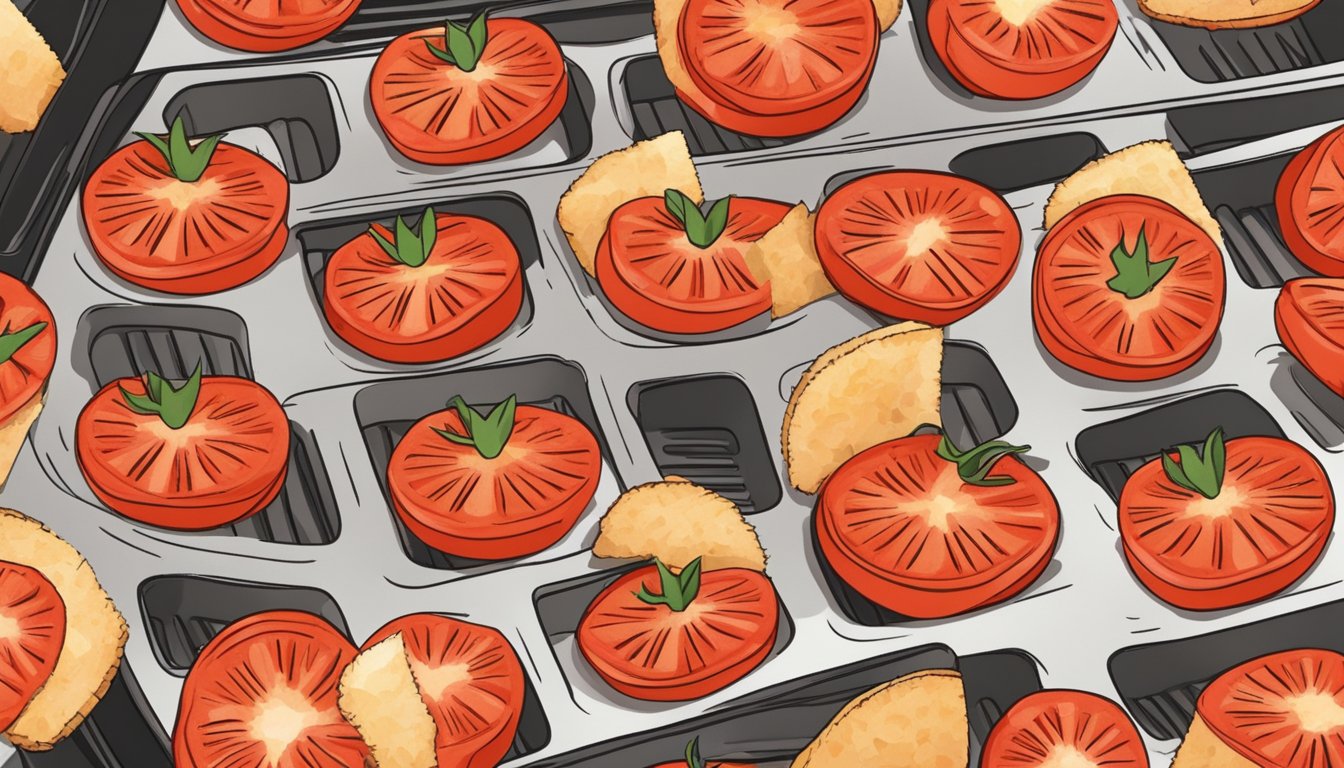 Fresh tomato slices coated in crispy parmesan, arranged in an air fryer basket ready for cooking