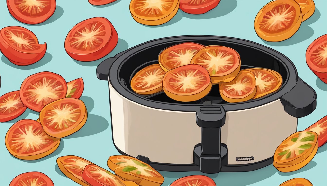 Tomato slices coated in parmesan, arranged in air fryer basket