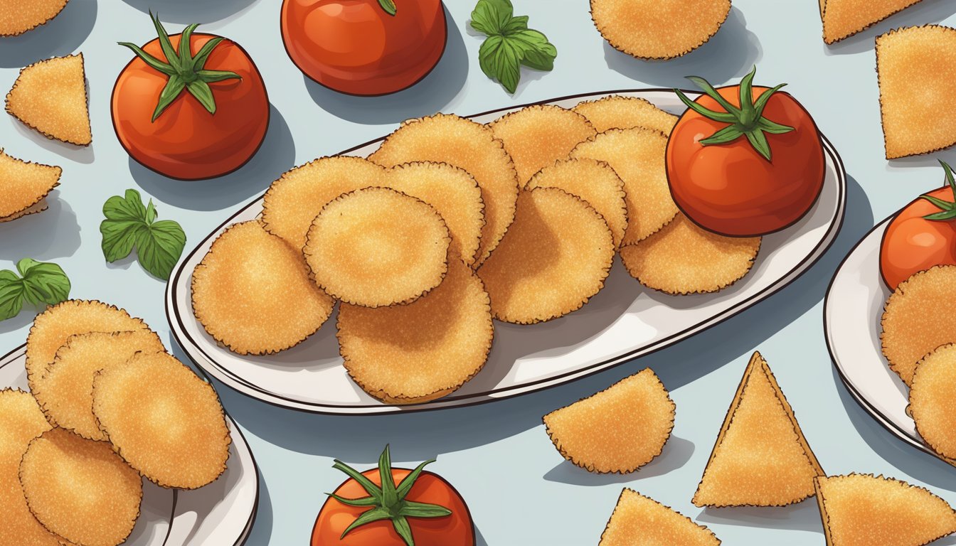 Crispy parmesan tomato slices arranged on a serving platter with garnish