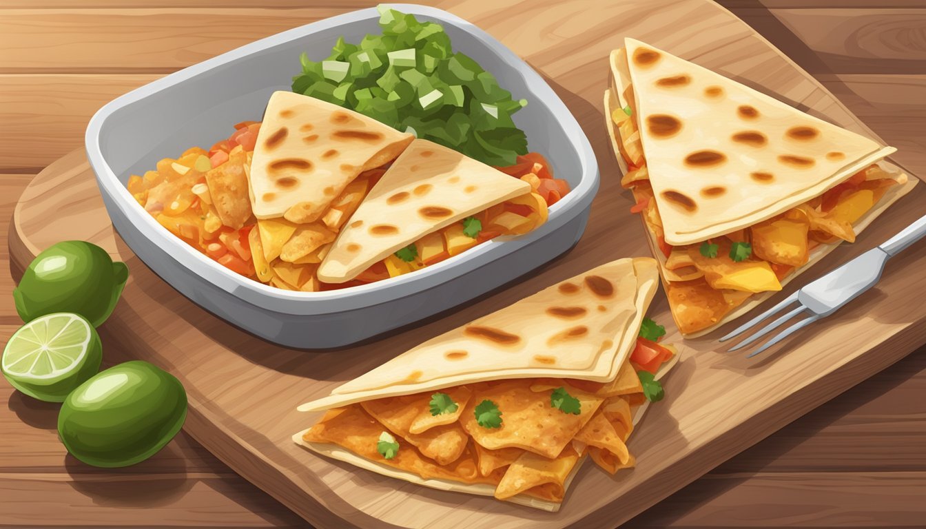 A plate of golden-brown chicken quesadillas with melted cheese and a side of fresh salsa, placed on a wooden cutting board