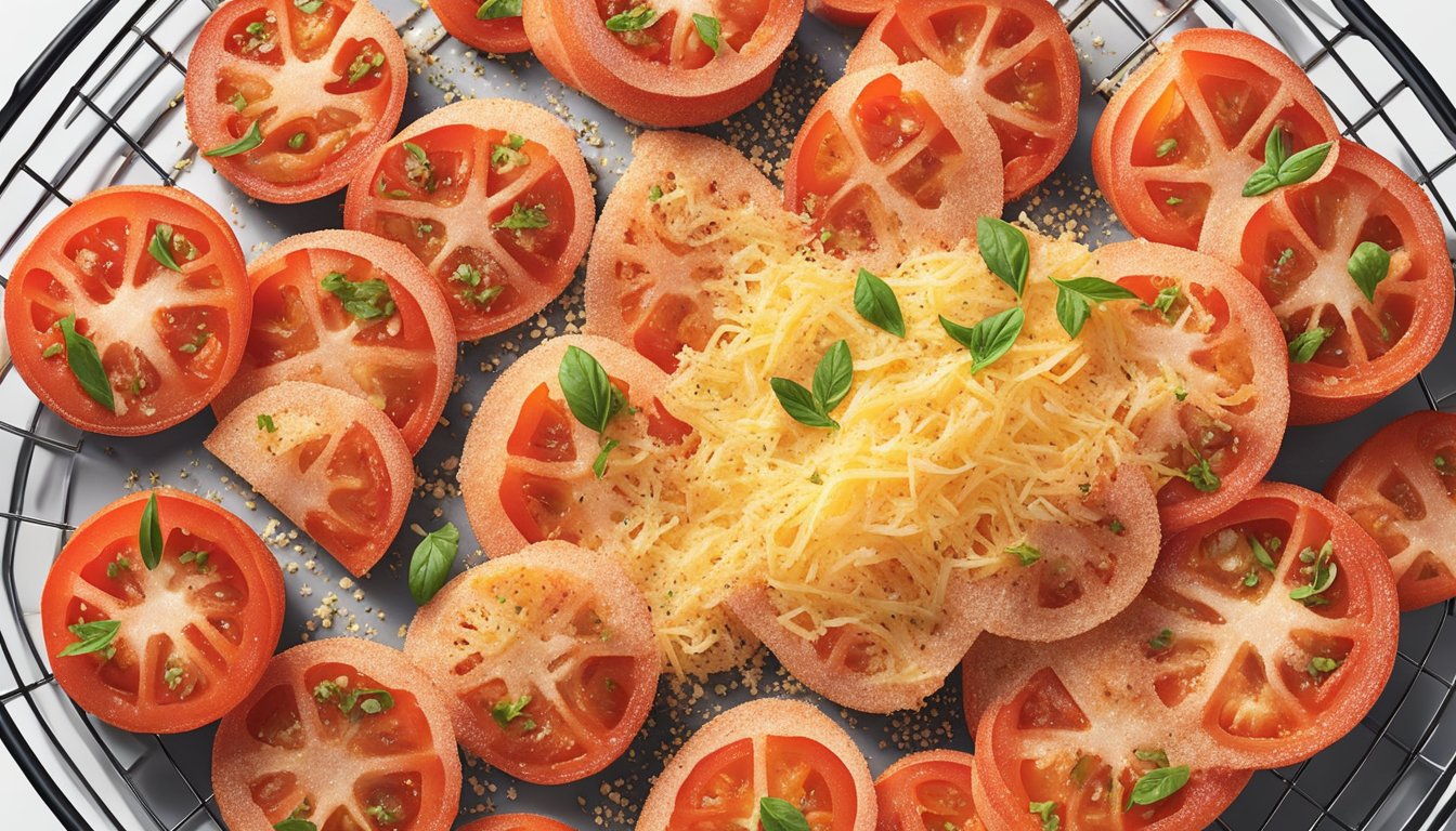 Tomato slices coated in parmesan cheese, arranged in the air fryer basket, surrounded by a sprinkle of seasoning