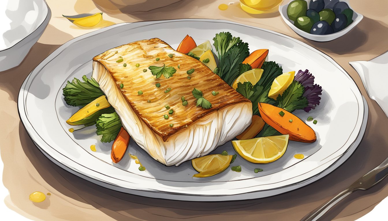 A golden-brown cod fillet sits on a white plate, surrounded by a colorful array of roasted vegetables and a drizzle of lemon-infused olive oil