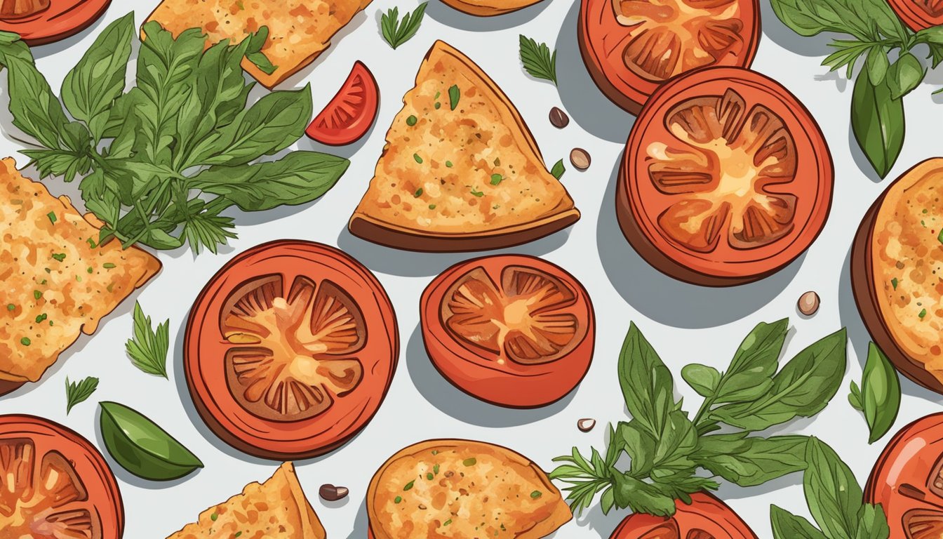 Crispy parmesan tomato slices sizzling in an air fryer, surrounded by herbs and spices