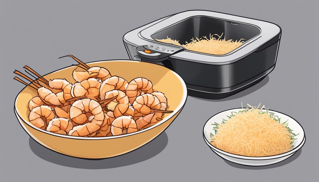 A bowl of shrimp coated in batter, next to a bowl of shredded coconut, and an air fryer ready to cook