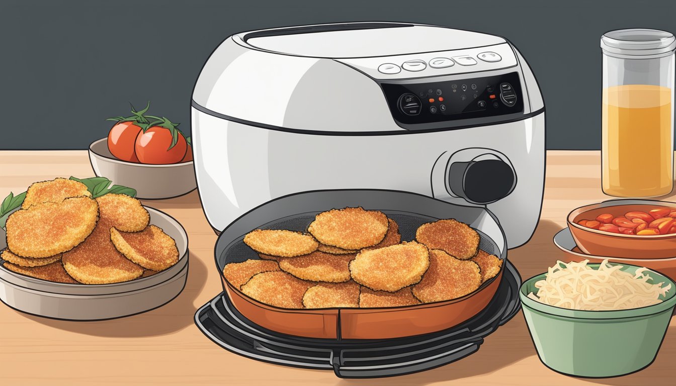 Crispy parmesan tomato slices in an air fryer, next to storage containers for leftovers