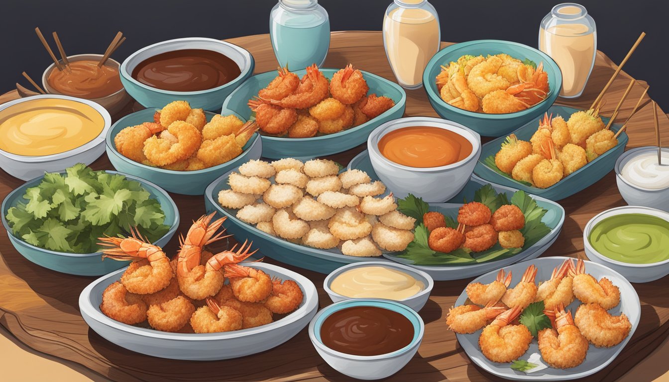 A platter of coconut shrimp surrounded by an array of colorful dipping sauces and accompaniments