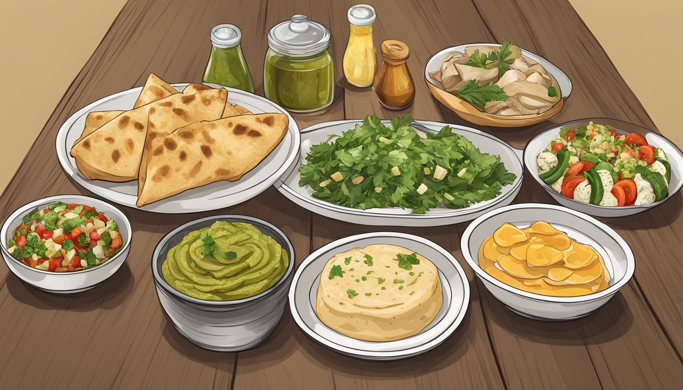 A table set with various traditional side dishes and accompaniments for chicken shawarma, including hummus, tabbouleh, pickles, and pita bread