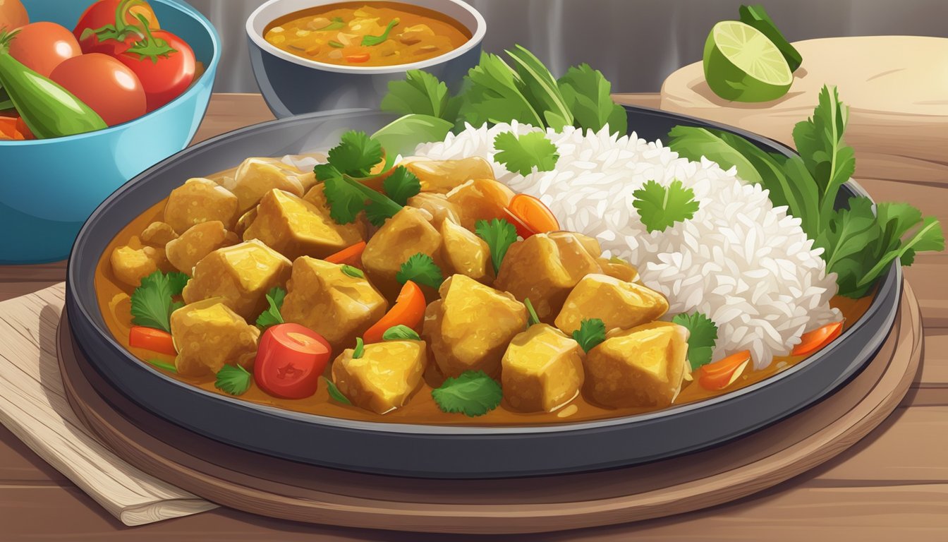 A plate of steaming chicken curry with a side of fluffy rice and a colorful array of fresh vegetables on a wooden table