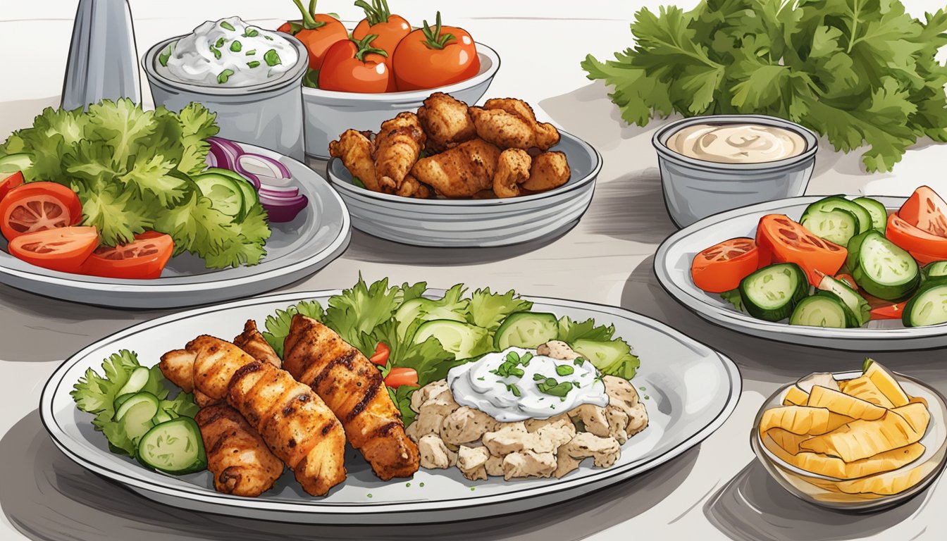 A plate of air fryer chicken souvlaki surrounded by a variety of fresh vegetables and a side of tzatziki sauce