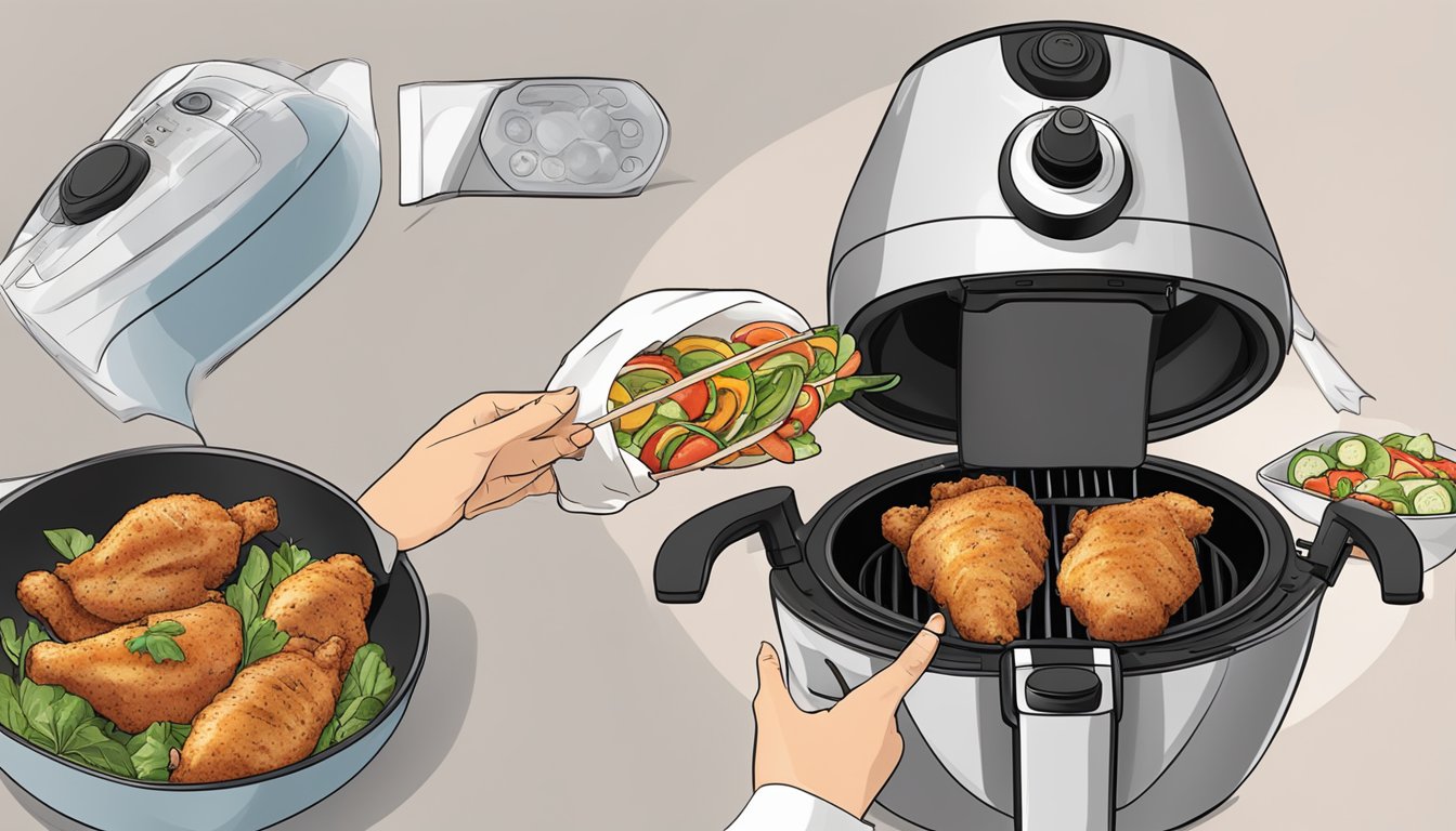 A hand placing chicken souvlaki into an air fryer, with instructions nearby