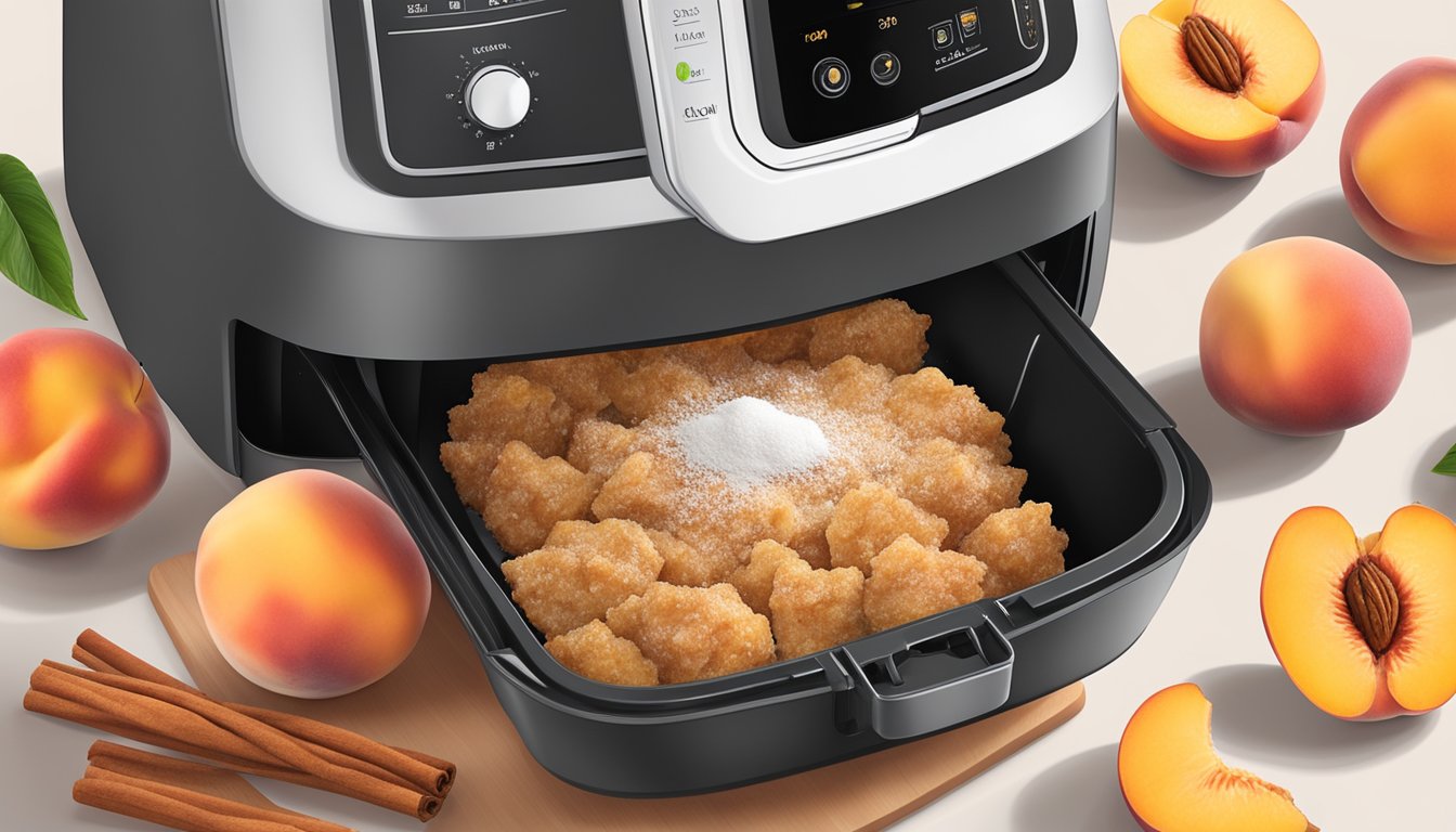 A golden-brown cinnamon peach crisp sits inside an open air fryer, surrounded by fresh peaches and a dusting of powdered sugar