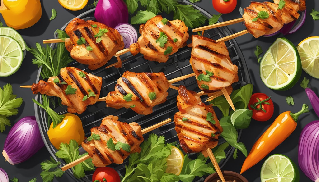 Freshly marinated chicken skewers arranged in an air fryer basket, surrounded by colorful vegetables and herbs