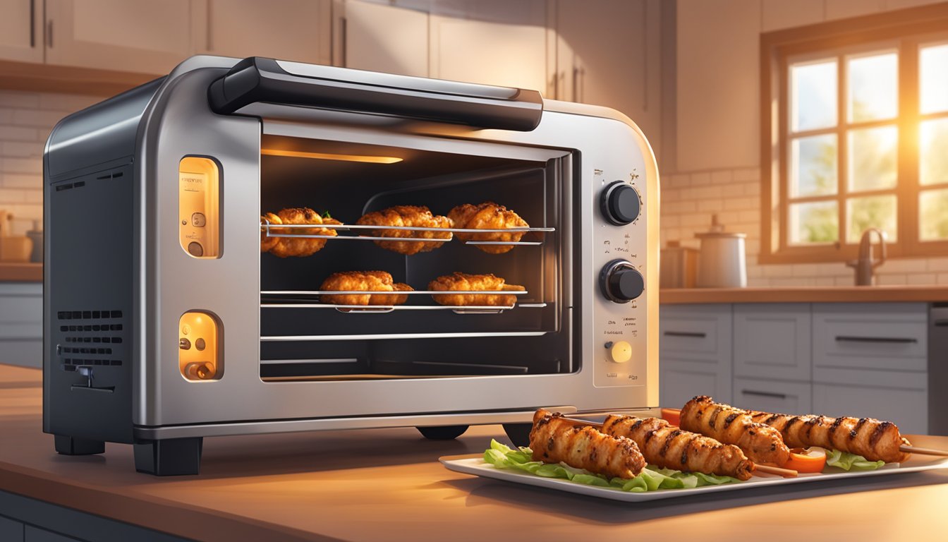 A sizzling chicken souvlaki skewer cooks in an air fryer, surrounded by the warm glow of the appliance's interior