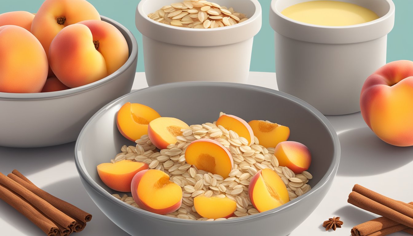 Fresh peaches and cinnamon sit next to a bowl of oats and butter, ready to be mixed for an air fryer peach crisp