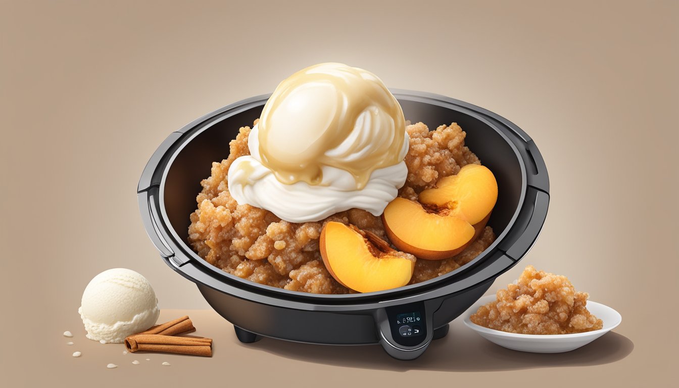 A golden-brown cinnamon peach crisp emerges from an air fryer, steam rising, with a scoop of vanilla ice cream melting on top