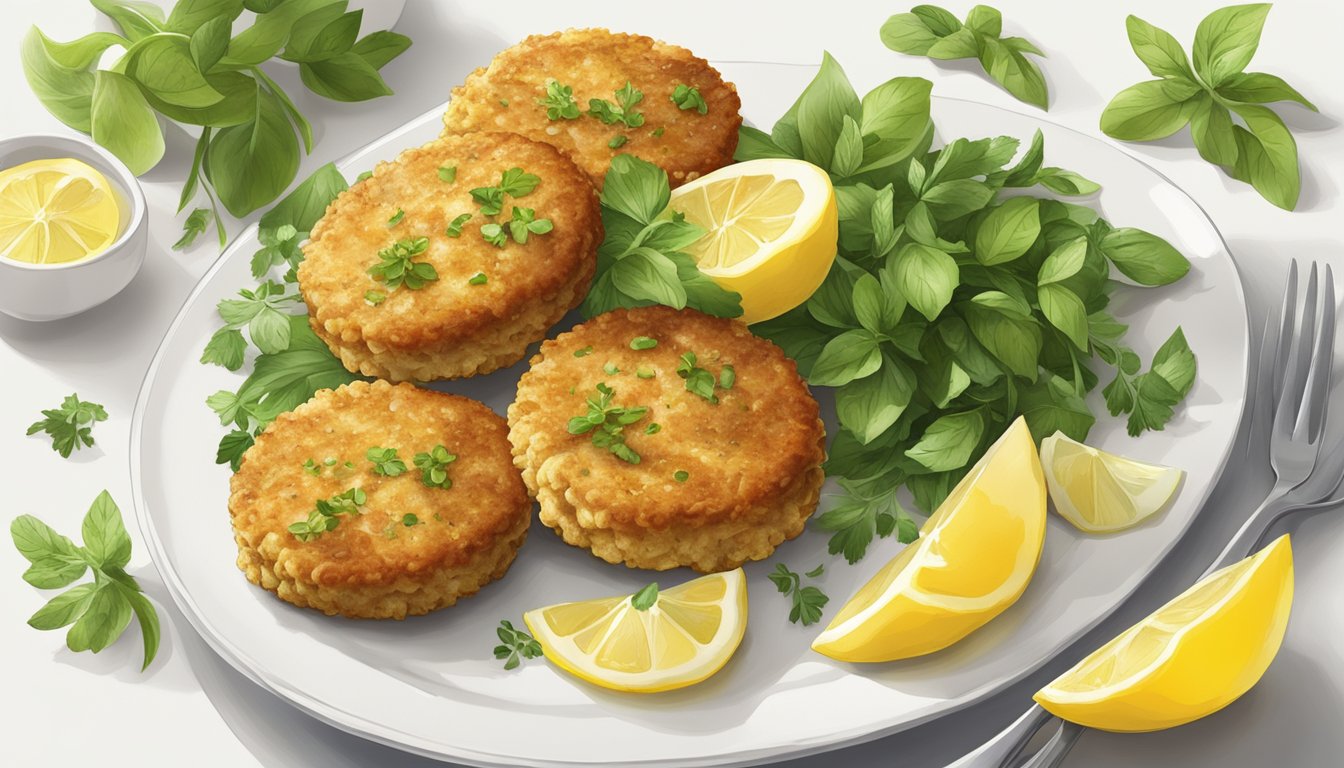 Golden crab cakes arranged on a white platter with a garnish of fresh herbs and a side of lemon wedges