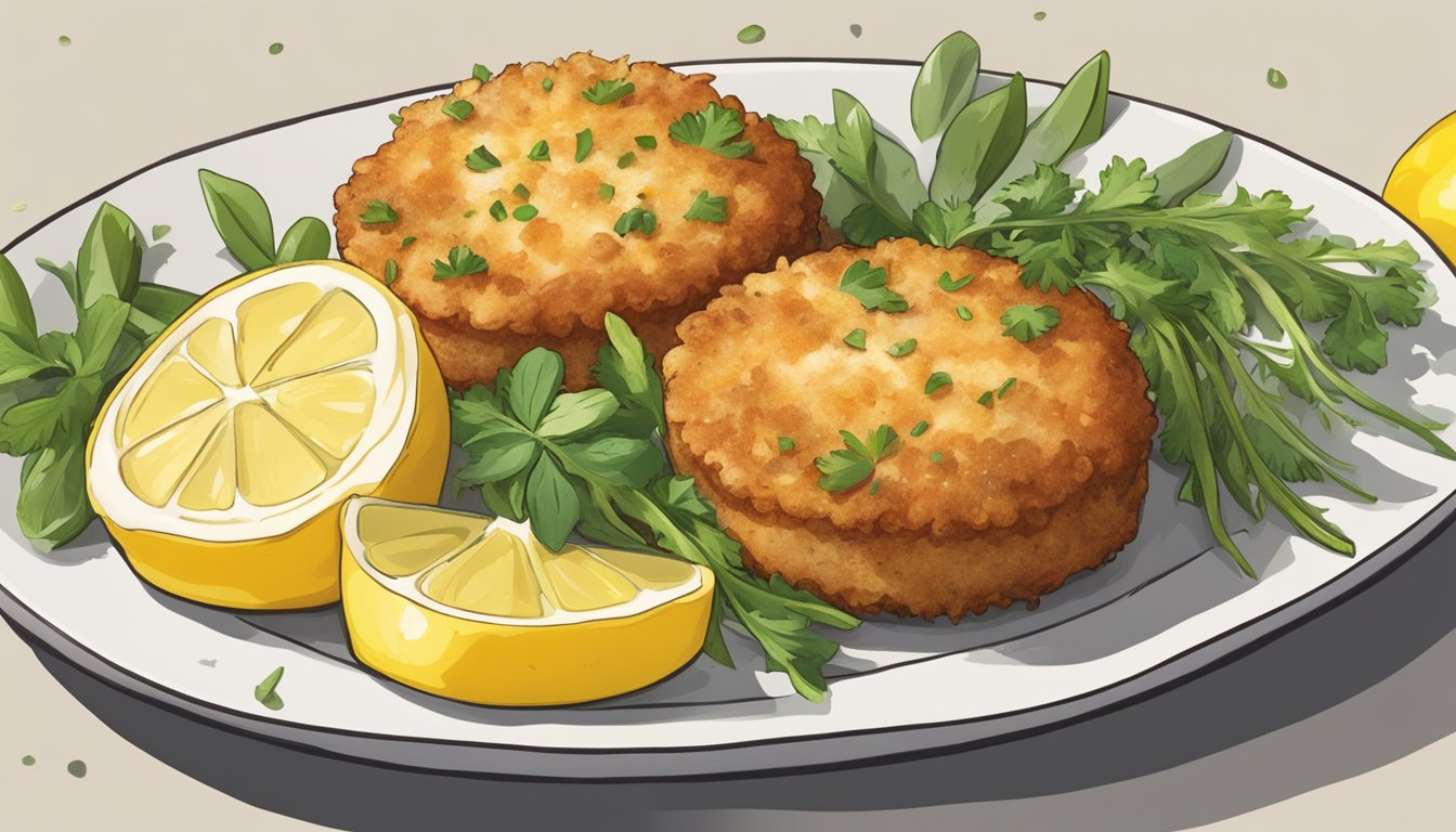 A plate of golden-brown air fryer crab cakes surrounded by lemon wedges and garnished with fresh herbs