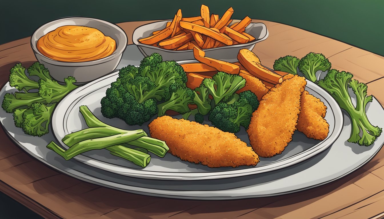 Golden chicken tenders surrounded by crispy sweet potato fries and vibrant green broccoli on a white plate