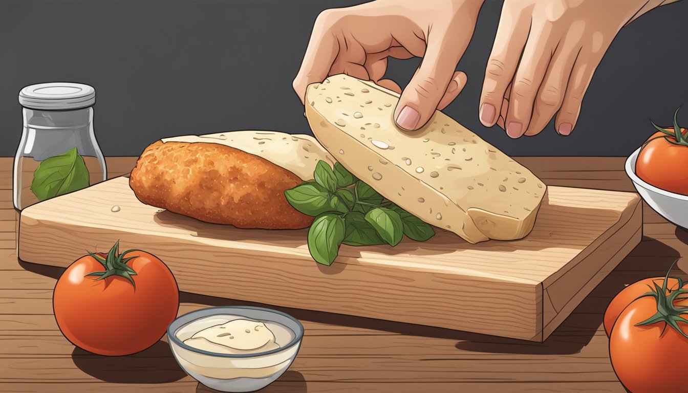 A hand reaching for a ripe tomato, a block of parmesan cheese, and a package of fresh chicken breasts on a wooden cutting board