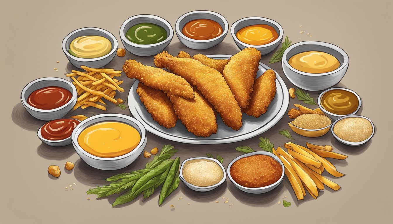 Golden chicken tenders surrounded by an array of colorful dipping sauces and seasonings