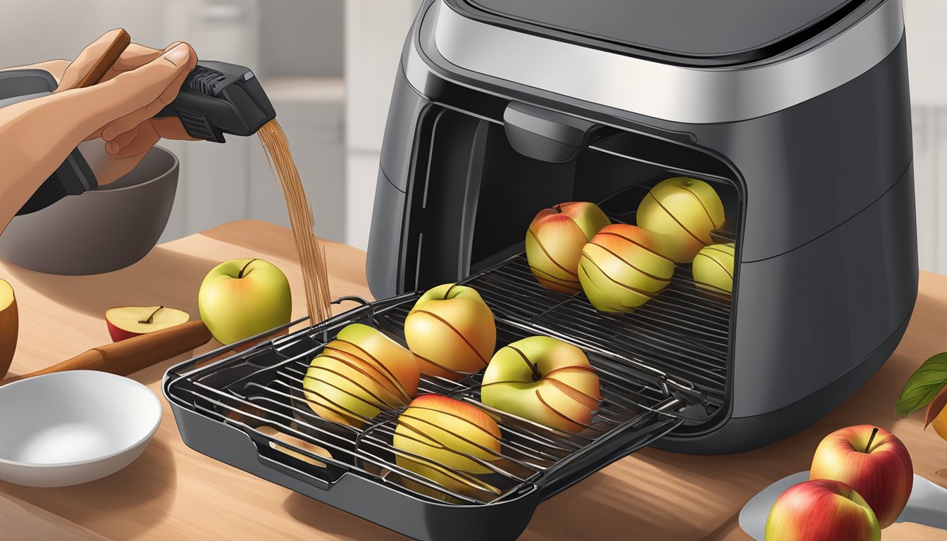 Freshly sliced apples sprinkled with cinnamon being placed into an air fryer basket