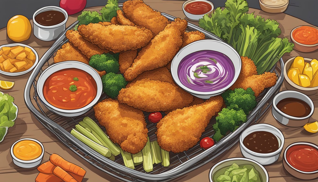 Golden brown chicken tenders sitting on a wire rack, surrounded by colorful, vibrant vegetables and a side of dipping sauce