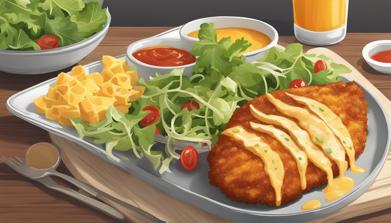 Golden-brown chicken cutlet topped with marinara sauce and melted cheese, served with a side of fresh salad