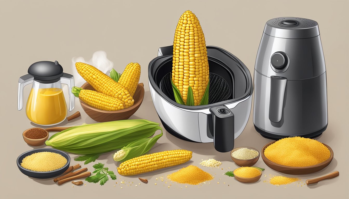 Fresh corn on the cob placed in an air fryer, surrounded by a selection of different seasonings and spices