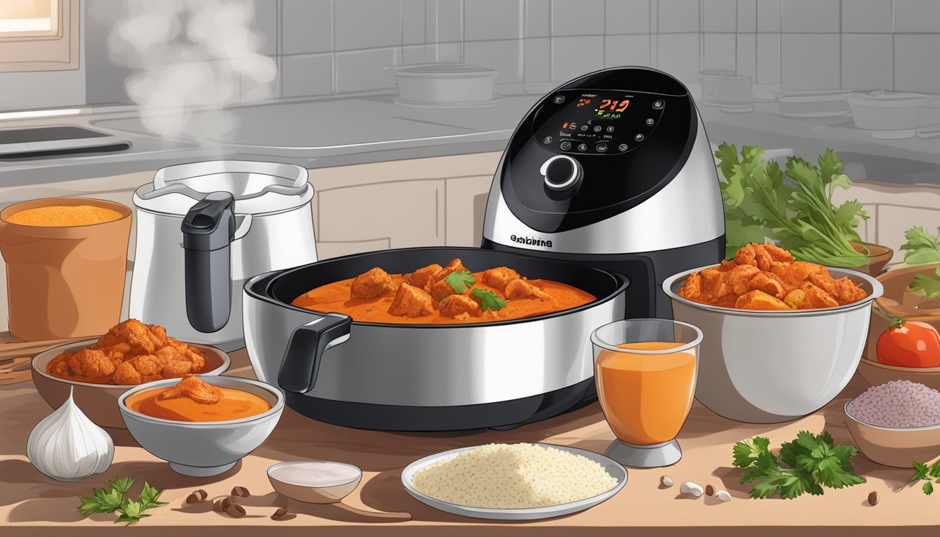 A steaming bowl of chicken tikka masala being prepared in an air fryer, surrounded by various spices and ingredients on a kitchen counter