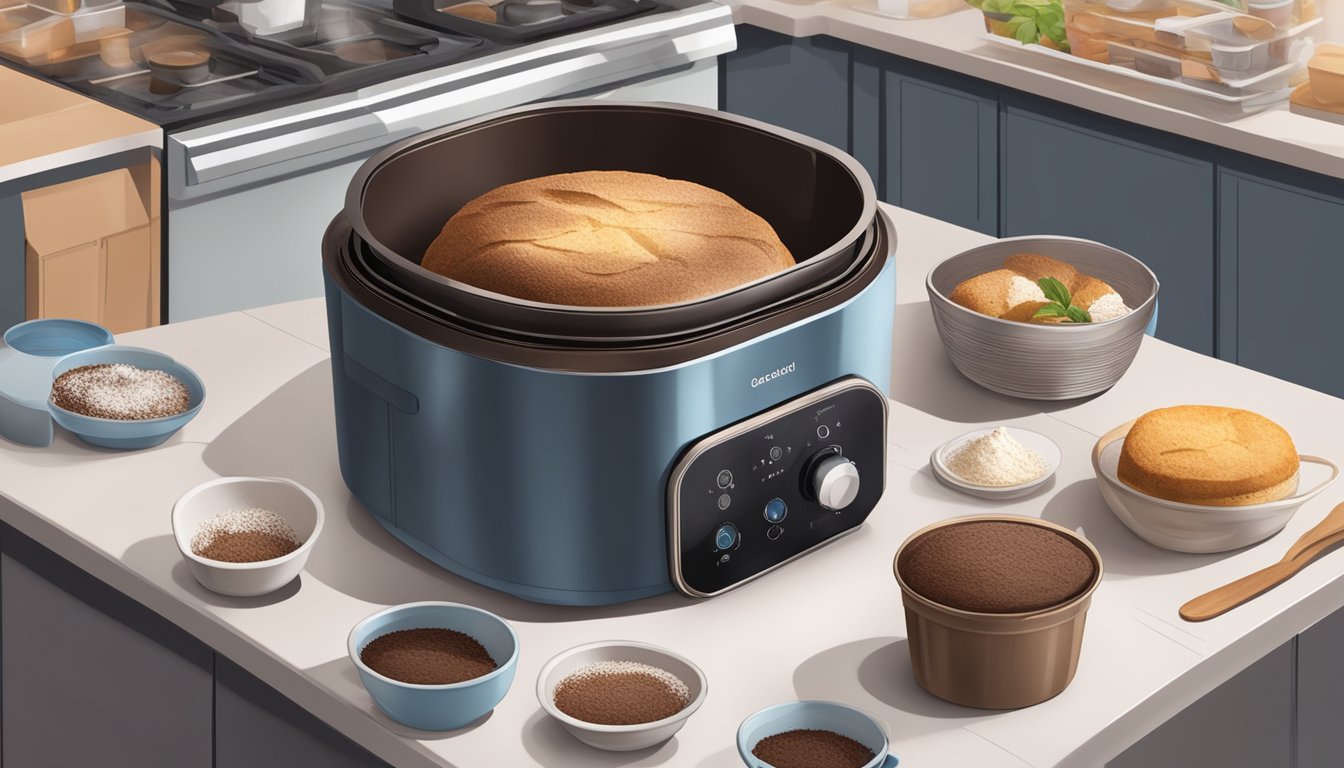 A chocolate soufflé sits in an open air fryer, surrounded by various storage containers and ingredients