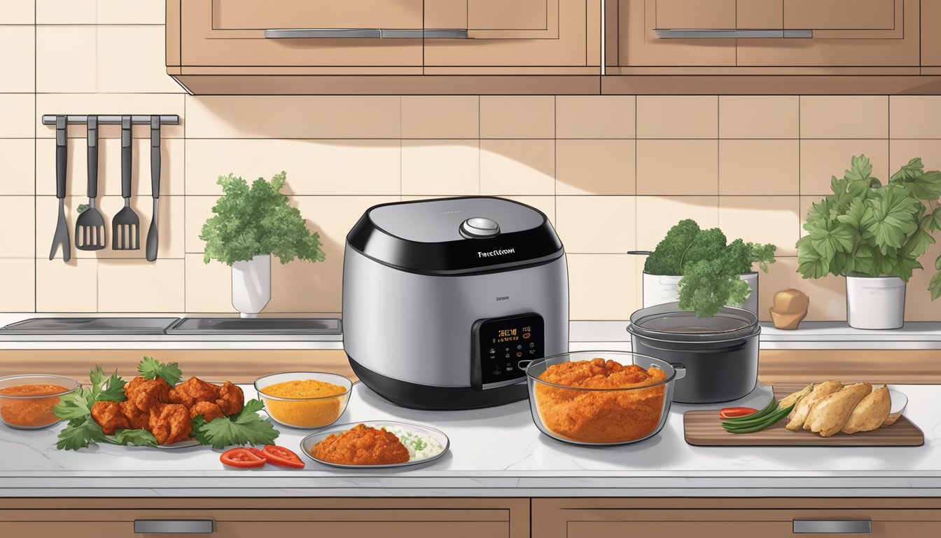 A sizzling air fryer cooks chicken tikka masala in a modern kitchen setting. Ingredients and spices are neatly arranged nearby