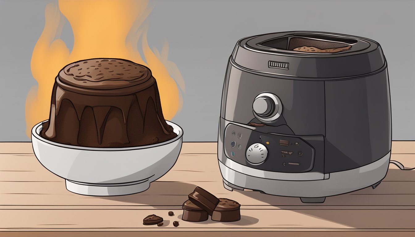 A chocolate soufflé overflowing from an air fryer, with a burnt top and gooey center. Smoke rises from the machine