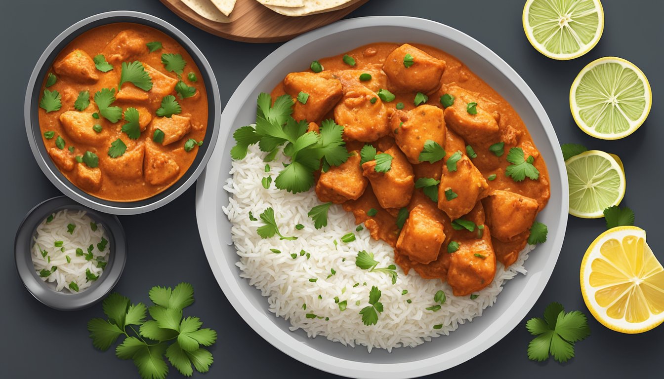 A plate of air fryer chicken tikka masala with a side of naan bread and a bowl of fragrant basmati rice, garnished with fresh cilantro and a slice of lemon