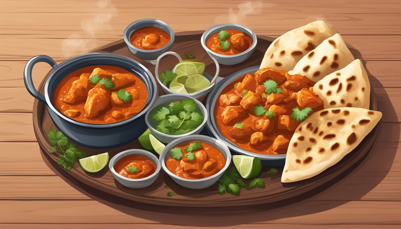 A steaming plate of chicken tikka masala is placed on a wooden table, surrounded by vibrant garnishes and served with a side of fluffy naan bread