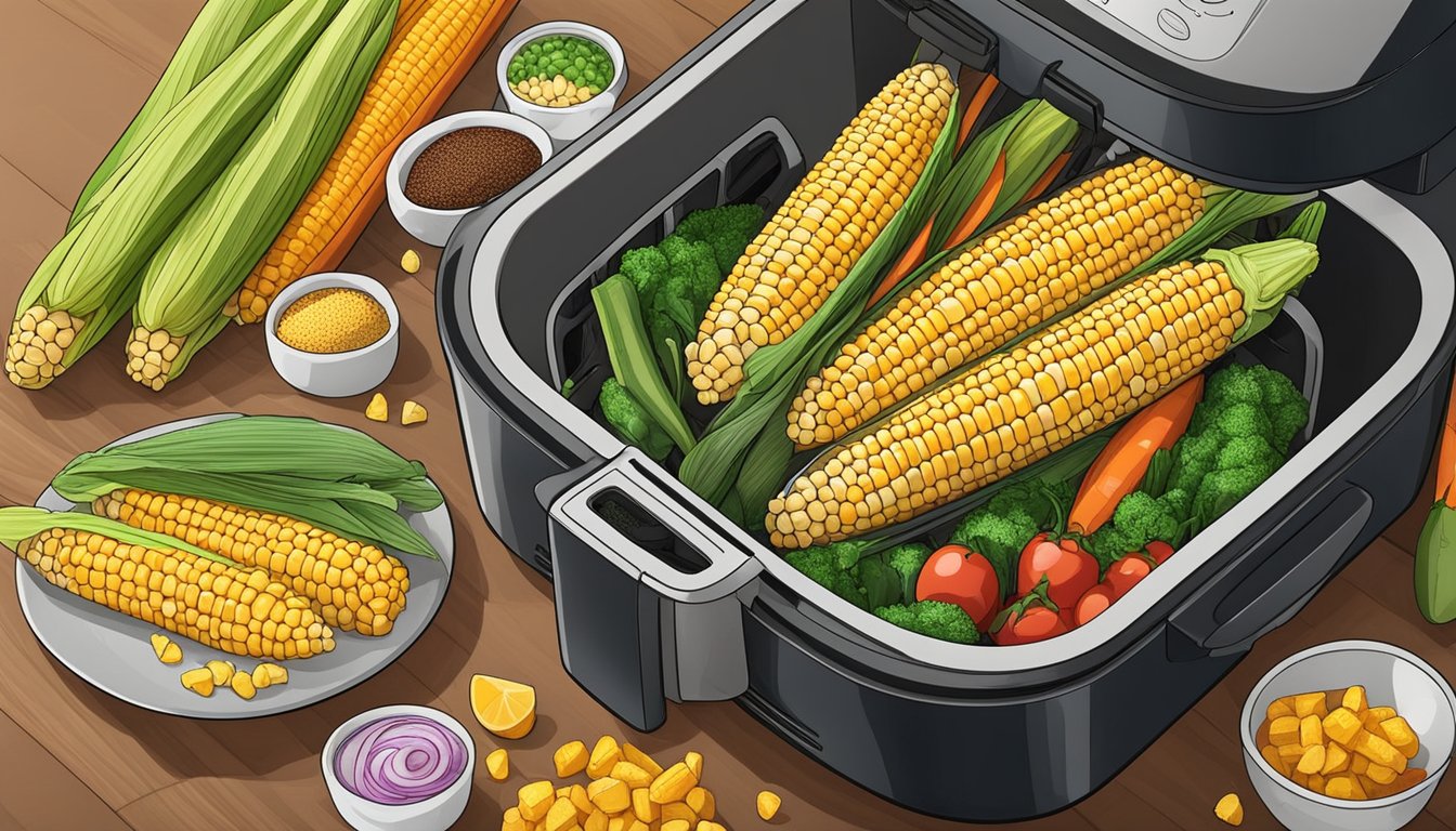 Fresh corn on the cob, seasoned and placed in an air fryer basket, surrounded by a variety of colorful vegetables ready to be air fried