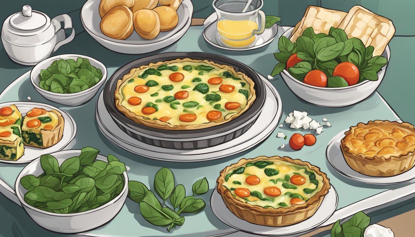 A platter of spinach and feta mini quiches surrounded by various breakfast ingredients, with a Ninja Foodi in the background