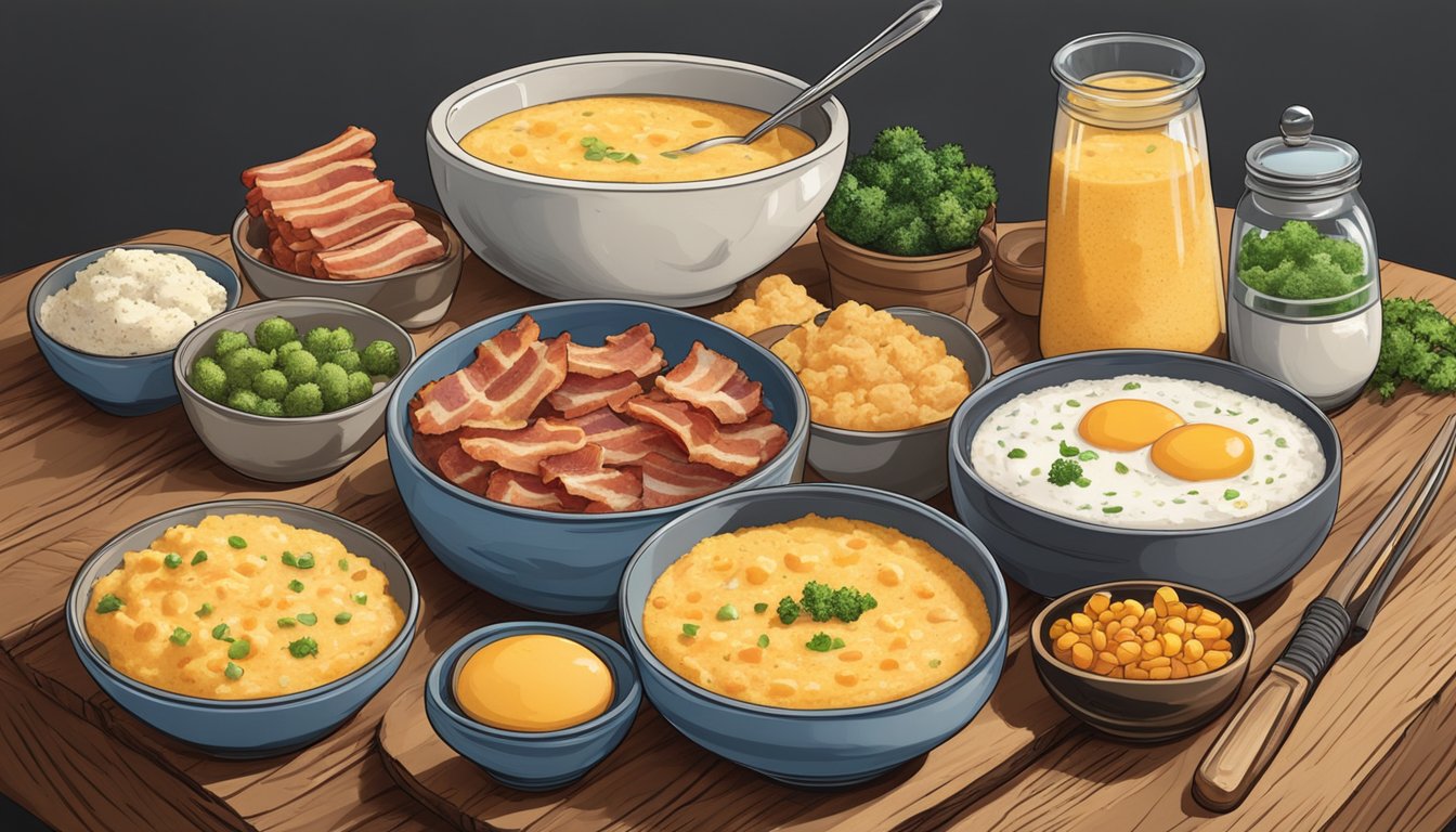 A steaming bowl of cheesy bacon grits surrounded by a Ninja Foodi and various breakfast ingredients on a rustic wooden table