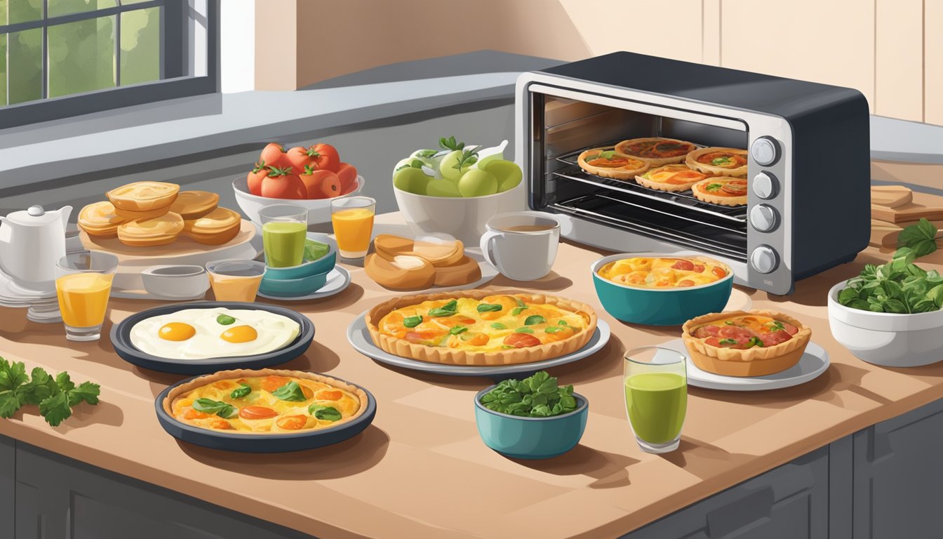 A table set with 10 savory breakfast tarts, fresh ingredients, and a Breville smart oven in a cozy kitchen