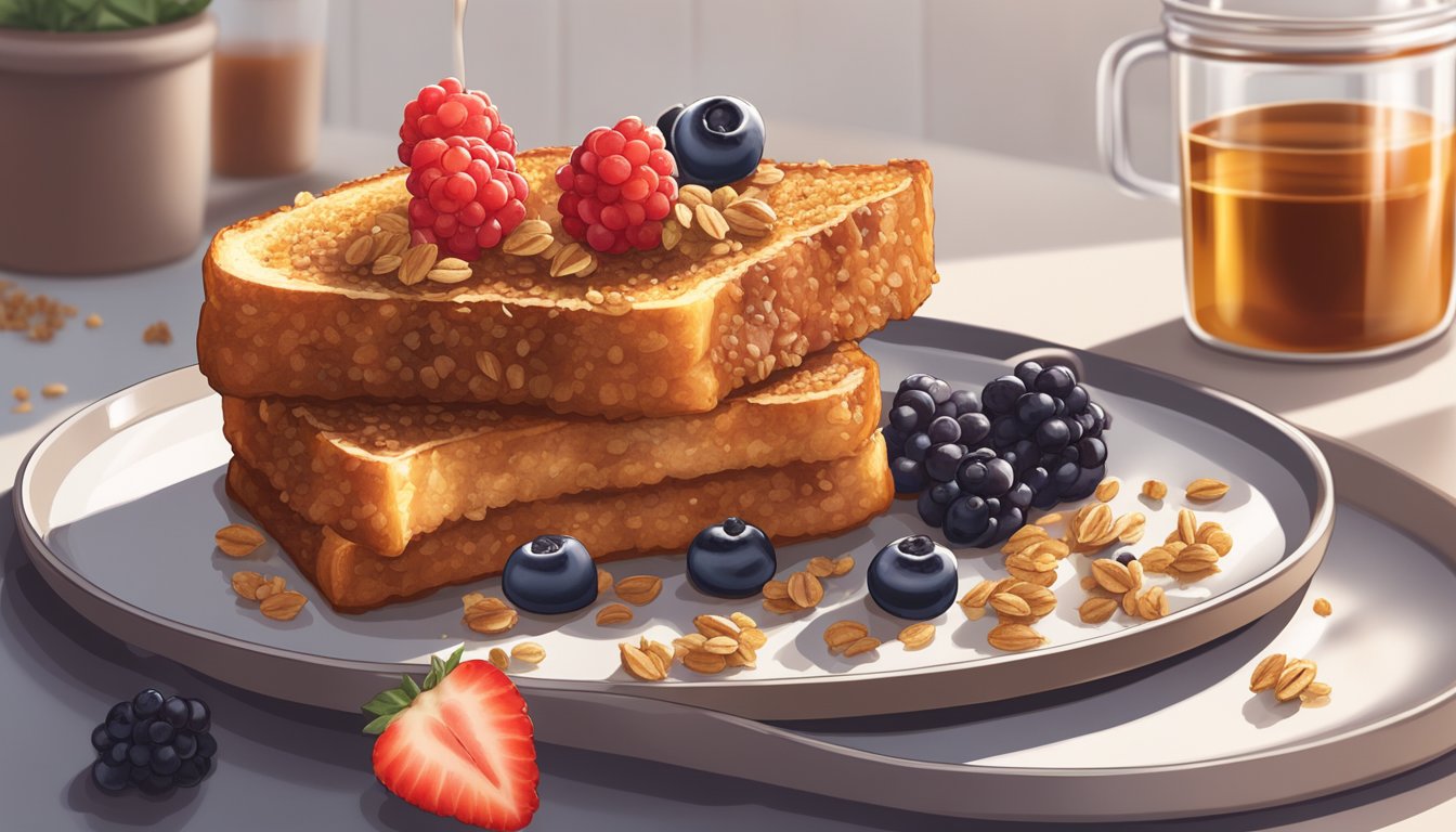 A golden-brown slice of French toast coated in crunchy granola, sitting on a sleek Breville Smart Oven tray, surrounded by fresh berries and a drizzle of maple syrup