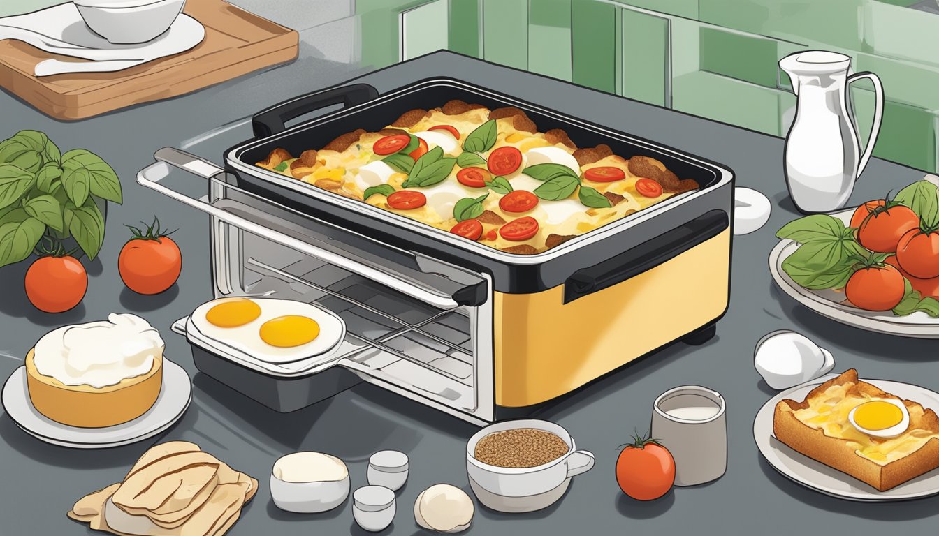 A breakfast strata being prepared in a Breville smart oven, surrounded by fresh ingredients like tomatoes, mozzarella, basil, and eggs